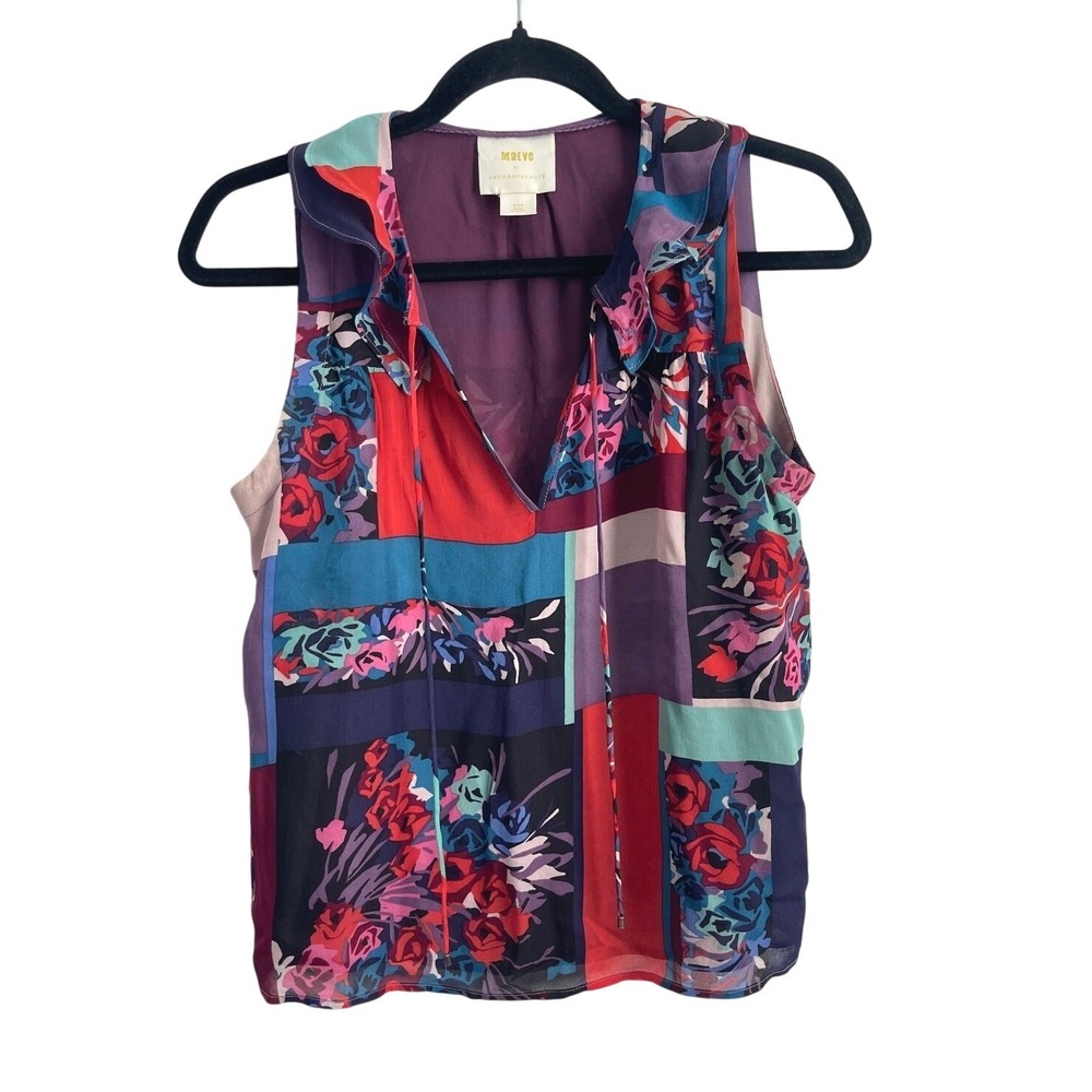 Maeve Anthropologie Floral Patchwork Ruffle Tie Neck Blouse Purple Women XSP